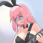  1girl @_@ black_leotard blue_eyes bocchi_the_rock! bow bowtie breasts cleavage commentary detached_collar electric_guitar gotou_hitori guitar instrument large_breasts leotard nervous_smile open_mouth pink_hair playboy_bunny shirogane_hakuba smile solo upper_body wrist_cuffs 
