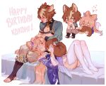  1boy 1girl animal_ears blue_hair cawchan chibi closed_eyes closed_mouth dog_boy dog_ears dog_tail genshin_impact gorou_(genshin_impact) happy_birthday hetero highres japanese_clothes lap_pillow long_hair multicolored_hair orange_hair pink_hair sangonomiya_kokomi short_hair smile tail thighhighs white_background white_hair 