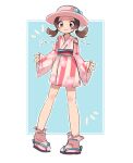  1girl blue_bow blush_stickers bow brown_eyes brown_hair closed_mouth clothing_cutout commentary_request floral_print full_body hat hat_bow highres japanese_clothes kimono long_hair long_sleeves lyra_(pokemon) lyra_(summer_2020)_(pokemon) official_alternate_costume pink_headwear pokemon pokemon_(game) pokemon_masters_ex sandals sash senosuke_(afyu3843) shoulder_cutout smile solo standing twintails wide_sleeves 