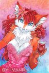 2023 5_fingers anthro blue_eyes breasts brown_body brown_fur canid canine clothed clothing dress eyebrows eyelashes female fingers fox fur hair imanika looking_at_viewer mammal red_hair smile traditional_media_(artwork) 
