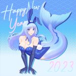  2023 absurdres arm_support ass blue_eyes blue_hair breasts fins gloves happy_new_year highres hime_cut kiria_ai long_hair medium_breasts mermaid monster_girl new_year original patterned_background playboy_bunny ribbon smile 