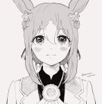  1girl absurdres animal_ears blush closed_mouth clover_hair_ornament fine_motion_(umamusume) greyscale hair_between_eyes hair_ornament highres horse_ears inaho_soji jacket looking_at_viewer medium_hair monochrome solo twitter_username umamusume upper_body 