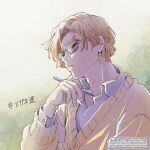  1boy agatsuma_zenitsu akizuki108 bespectacled blonde_hair cardigan commentary_request contemporary glasses holding holding_pencil kimetsu_no_yaiba male_focus mechanical_pencil pencil shirt solo thick_eyebrows twitter_username upper_body white_shirt yellow_cardigan 