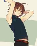  1boy ahoge amagase_touma armpits arms_up belt brown_eyes brown_hair chikamichi_(suisui17c) idolmaster idolmaster_side-m male_focus medium_hair midriff_peek simple_background sleeveless sleeveless_turtleneck solo turtleneck 