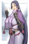  1girl arm_guards armor bangs black_gloves blurry blurry_background blush bodysuit breasts curvy fate/grand_order fate_(series) fingerless_gloves gloves heart highres indoors japanese_armor large_breasts long_hair lvl_(sentrythe2310) minamoto_no_raikou_(fate) open_mouth parted_bangs purple_bodysuit purple_eyes purple_hair rope solo tabard very_long_hair waving 