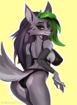 2023 anthro bra breasts butt canid canine canis clothed clothing female five_nights_at_freddy&#039;s five_nights_at_freddy&#039;s:_security_breach fur green_body green_fur grey_body grey_fur hair hi_res johnfoxart looking_at_viewer looking_back looking_back_at_viewer mammal multicolored_hair nipple_outline orange_eyes panties purple_hair roxanne_wolf_(fnaf) scottgames side_boob simple_background solo two_tone_hair underwear wolf 