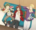  3boys ahoge amagase_touma belt blonde_hair bouquet brown_hair closed_eyes collarbone couch flower green_hair headband highres holding idolmaster idolmaster_side-m ijuuin_hokuto jacket jewelry lieutenantary male_focus mitarai_shouta multiple_boys necklace open_mouth plaid sitting smile 