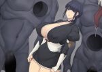  1girl 2boys armband black_hair bleach blue_eyes braid braided_ponytail breasts choker cleavage covered_navel drooling expressionless head_out_of_frame hole_in_chest hole_on_body hollow_(bleach) huge_breasts huge_penis kurotsuchi_nemu long_hair long_tongue metal_owl_(aden12) miniskirt monster multiple_boys panties panty_peek penis skirt thick_thighs thighs tongue underwear white_panties 