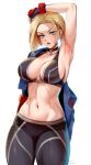  1girl arm_up armpits bare_shoulders black_bra black_pants blonde_hair blue_eyes blue_jacket blush bra breasts cammy_white cleavage collarbone commentary foxyreine highres jacket large_breasts linea_alba looking_at_viewer navel open_clothes open_jacket pants parted_lips patreon_logo patreon_username short_hair solo street_fighter street_fighter_6 thighs tight tight_pants toned underwear watermark 