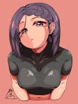  1girl black_shirt black_survival blush braid braided_bangs commentary_request covered_nipples highres hyejin_(black_survival) kurodani_yamame looking_at_viewer medium_hair parted_lips pink_background purple_eyes purple_hair rinyamame shirt short_sleeves simple_background solo tight tight_shirt touhou upper_body 