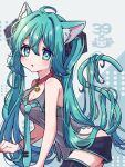  1girl :o ahoge animal_ears aqua_eyes aqua_hair bare_shoulders bell black_shorts black_skirt breasts cat_ears cat_girl cat_tail cleavage collar hatsune_miku highres irasutogakari jingle_bell kemonomimi_mode leaning_forward long_hair looking_at_viewer neck_bell necktie open_mouth polka_dot polka_dot_background red_collar shorts skirt sleeveless solo tail thighhighs twintails very_long_hair 