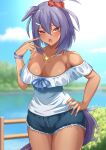  1girl absurdres animal_ears bare_shoulders blue_ribbon blue_shirt blue_sky blurry blurry_background breasts cleavage cloud commentary_request cowboy_shot cutoffs day denim denim_shorts eve_on_k fang hair_between_eyes hand_on_hip hand_up highres hishi_amazon_(umamusume) horse_ears jewelry large_breasts looking_at_viewer necklace off-shoulder_shirt off_shoulder open_mouth orange_eyes outdoors purple_hair ribbon shirt short_hair short_shorts short_sleeves shorts sky solo standing tail thighs umamusume 