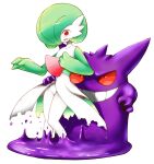  1girl 5651030905 arm_around_waist bangs blush bob_cut clenched_hand collarbone colored_sclera colored_skin commentary_request constricted_pupils flat_chest gardevoir gengar green_hair green_skin grin hair_over_one_eye hands_up knees_together_feet_apart legs looking_at_another looking_down looking_up multicolored_skin one_eye_covered open_mouth pokemon pokemon_(creature) puddle pussy red_eyes red_sclera short_hair sideways_mouth simple_background smile tears teeth thighs two-tone_skin uncensored white_background white_skin 