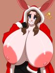  anthro big_breasts big_ears blue_eyes breasts brown_hair buckteeth christmas christmas_clothing clothed clothing female gloves hair handwear hi_res holidays huge_breasts jasmine_boingston lagomorph leporid mammal nipples pink_body pink_nipples rabbit simple_background solo teeth zeromccall 