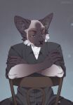  2023 5_fingers anthro bastika blue_eyes brown_body brown_fur clothed clothing digital_media_(artwork) domestic_cat eyebrows eyelashes felid feline felis fingers fur hi_res male mammal sitting solo 