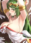  1girl alternate_breast_size armpits bangs bare_shoulders blush breast_grab breasts cleavage dress grabbing green_eyes green_hair groping huge_breasts jewelry kid_icarus kid_icarus_uprising laurel_crown long_hair looking_at_viewer molestation open_mouth palutena smile solo solo_focus strapless strapless_dress tiara tomas_(kaosu22) very_long_hair 