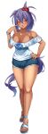  1girl absurdres animal_ears bare_legs bare_shoulders blue_ribbon blue_shirt breasts cleavage commentary_request cutoffs denim denim_shorts eve_on_k fang full_body hair_between_eyes hand_on_hip hand_up highres hishi_amazon_(umamusume) horse_ears jewelry large_breasts looking_at_viewer necklace off-shoulder_shirt off_shoulder open_mouth orange_eyes purple_hair ribbon sandals shirt short_hair short_shorts short_sleeves shorts simple_background solo standing tail thighs umamusume white_background 