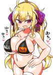  1girl ahoge bangs bikini black_bikini blonde_hair brand_name_imitation breasts hair_ribbon hand_on_hip heart huge_breasts kanikama nijisanji pornhub purple_eyes ribbon simple_background swimsuit takamiya_rion thighhighs twintails virtual_youtuber white_background 