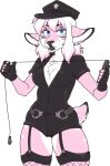  2018 alpha_channel anthro biped black_bodysuit black_clothing black_legwear breasts chest_tuft cleavage clothed clothing countershading cuff_(restraint) deer digital_media_(artwork) eyebrow_through_hair eyebrows eyelashes female fishnet fishnet_legwear fur hair handcuffs hi_res highlights_(coloring) holding_object holding_whip legwear looking_at_viewer mammal metal_cuffs multicolored_hair pink_body pink_fur pink_hair pink_highlights pinku_shika police_hat police_uniform portrait restraints simple_background solo standing three-quarter_portrait translucent translucent_hair transparent_background tuft two_tone_hair uniform whip white_body white_countershading white_fur white_hair zyira 