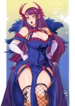  1girl absurdres bare_shoulders blue_choker blue_dress blush breasts choker cleavage commentary delicious_brain dress elbow_gloves feet_out_of_frame fire_emblem fire_emblem_engage fishnet_thighhighs fishnets gloves hands_on_hips highres ivy_(fire_emblem) large_breasts long_hair looking_at_viewer mole mole_under_mouth off-shoulder_dress off_shoulder open_mouth pelvic_curtain purple_eyes purple_hair short_sleeves solo standing thighhighs thighs very_long_hair white_gloves 