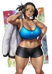  1girl absurdres arm_up armpits arung_samudra_(cessa) black_hair black_shorts blue_sports_bra breasts cleavage dark-skinned_female dark_skin erkaz feet_out_of_frame glasses hand_on_hip highres holding holding_clothes holding_jacket jacket large_breasts linea_alba medium_hair midriff navel ombok_diving_and_delivery_services outline parted_lips round_eyewear shadow shorts smile solo sports_bra white_outline 