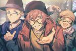  3boys amagase_touma bespectacled black-framed_eyewear blonde_hair blue_eyes brown_eyes brown_hair chromatic_aberration ginga_two glasses green_eyes green_hair hat highres hood hoodie idolmaster idolmaster_side-m ijuuin_hokuto jacket jupiter_(idolmaster) looking_at_viewer male_focus mitarai_shouta multiple_boys one_eye_closed reaching_towards_viewer semi-rimless_eyewear smile 