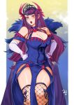  1girl absurdres bare_shoulders blue_choker blue_dress blush breasts choker cleavage delicious_brain dress elbow_gloves fascinator feet_out_of_frame fire_emblem fire_emblem_engage fishnet_thighhighs fishnets gloves hands_on_hips highres ivy_(fire_emblem) large_breasts long_hair looking_at_viewer mole mole_under_mouth off-shoulder_dress off_shoulder open_mouth pelvic_curtain purple_eyes purple_hair short_sleeves solo standing thighhighs thighs very_long_hair white_gloves 
