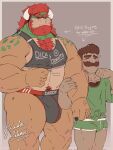  2023 anthro beard biceps big_bulge big_muscles body_hair border bottomwear bowser bulge bulge_size_difference chest_hair claws clothed clothing daddy_kink directional_arrow duo embrace english_text eyebrows eyes_closed facial_hair frown grey_background grey_border hair happy_trail hi_res horn hotpants hug huge_bulge huge_muscles huge_thighs human human_on_anthro interspecies koopa larger_anthro luigi male male/male mammal mario_bros muscular muscular_anthro muscular_male mustache narrowed_eyes navel nintendo pecs pubes raised_clothing raised_shirt raised_tank_top raised_topwear scalie shadowmatamori shirt shorts signature simple_background size_difference smaller_human standing tank_top text text_on_clothing text_on_shirt text_on_tank_top text_on_thong text_on_topwear thick_thighs thong tired topwear underwear url waking_up 