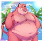  2023 anthro belly big_belly exopaz eyes_closed hi_res male mammal moobs navel nipples overweight overweight_male palm_tree plant rainbow solo suid suina sus_(pig) tree wild_boar 
