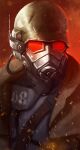  1other armor brown_coat bulletproof_vest coat fallout_(series) fallout_new_vegas gas_mask glowing glowing_eyes hat helmet highres johnpolts looking_at_viewer mask military military_hat military_uniform ncr_veteran_ranger post-apocalypse red_background red_eyes solo uniform upper_body 