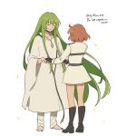  1girl 1other asaya_minoru black_footwear black_gloves boots brown_hair closed_eyes closed_mouth dress english_text enkidu_(fate) fate/grand_order fate/strange_fake fate_(series) fujimaru_ritsuka_(female) full_body gloves green_hair holding_hands long_hair long_sleeves robe simple_background smile standing twitter_username very_long_hair white_background white_dress white_robe wide_sleeves 