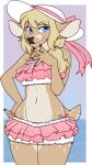  2018 alpha_channel anthro biped blonde_hair blue_eyes border bottomwear brown_body brown_fur clothing countershade_fur countershade_legs countershade_tail countershade_thighs countershade_torso countershading deer digital_media_(artwork) eyebrow_through_hair eyebrows female fur hair hat headgear headwear hi_res long_hair looking_at_viewer mammal navel pink_bottomwear pink_clothing pink_topwear portrait scut_tail sea short_tail sky solo standing sun_hat tail tan_body tan_fur three-quarter_portrait topwear translucent translucent_hair transparent_border water zyira 