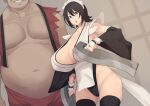  1boy 1girl breasts cameltoe cleavage curvy earthquake_(samurai_spirits) faceless faceless_male fat fat_man grin holding holding_weapon huge_breasts iroha_(samurai_spirits) leotard leotard_under_clothes lips maid maid_headdress metal_owl_(aden12) open_mouth parted_lips samurai_spirits size_difference smile standing weapon wide_hips 