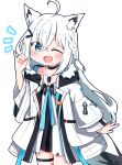  1girl :d ahoge animal_ear_fluff animal_ears bangs black_choker black_dress blue_eyes blush braid chibi choker commentary dog_tags dress fox_ears fox_girl fox_shadow_puppet fur-trimmed_jacket fur_trim hair_between_eyes hair_ornament hairclip hand_up hololive jacket long_hair looking_at_viewer microdress official_alternate_costume official_alternate_hair_length official_alternate_hairstyle open_clothes open_jacket open_mouth rabiiandrain shirakami_fubuki side_braid simple_background smile solo virtual_youtuber white_background white_dress white_hair white_jacket 