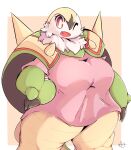  2023 anthro arm_spikes big_breasts biped border bottomless bottomless_anthro bottomless_female breasts brown_claws cheek_tuft chesnaught claws clothed clothing colored curvy_figure cute_fangs digital_media_(artwork) facial_tuft fangs female finger_claws fluffy front_view fur generation_6_pokemon glowing glowing_eyes green_body green_skin green_tail hand_on_hip hi_res huge_breasts lightmizano looking_at_viewer multi_tone_body multicolored_body multicolored_tail neck_tuft nintendo one_eye_closed open_mouth open_smile pink_clothing pink_eyes pink_nose pink_shirt pink_topwear pokemon pokemon_(species) pokemorph pupils reptile scales scalie shaded shell shirt signature simple_background smile solo spiked_shell spikes spikes_(anatomy) standing tail tan_background teeth thick_thighs three-quarter_view topwear tuft two_tone_tail voluptuous white_body white_border white_fur white_pupils wide_hips wink yellow_body yellow_scales yellow_tail 