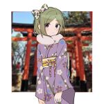  1girl alternate_costume alternate_hair_length alternate_hairstyle arms_at_sides bare_tree blush bow cherry_blossom_print closed_mouth commentary_request day eyes_visible_through_hair floral_print framed green_hair hair_bow japanese_clothes kagerou_project kido_tsubomi kimono koyon light_frown looking_to_the_side mekakucity_actors multicolored_bow obi obijime outdoors photo_background print_kimono purple_eyes purple_kimono sash short_hair sideways_glance solo torii tree two-tone_sash upper_body white_sash wide_sleeves yellow_sash 