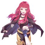  1girl 1other alear_(fire_emblem) ambiguous_gender belt black_bodysuit black_cape bodysuit cape choker clothing_cutout commentary_request fire_emblem fire_emblem_engage hair_ornament heavelle holding_hands jewelry long_hair looking_at_viewer open_mouth out_of_frame pink_choker pov pov_hands red_eyes red_hair ring simple_background smile star_(symbol) star_hair_ornament teeth upper_teeth_only white_background yellow_belt yunaka_(fire_emblem) 