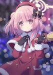  1girl black_gloves black_ribbon blue_archive feather_hair gloves halo handbell hat highres looking_at_viewer pink_eyes pink_hair red_headwear ribbon s_nyaau santa_costume santa_hat serina_(blue_archive) 