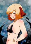  1girl absurdres alternate_costume bangs bikini black_bikini blonde_hair blush breasts commentary_request darkness grey_background hair_ribbon highres kurodani_yamame looking_at_viewer navel open_mouth red_eyes red_ribbon ribbon rinyamame rumia short_hair small_breasts smile solo swimsuit touhou upper_body 