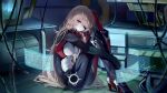  1girl absurdres bangs bodysuit breasts hair_ornament hair_over_eyes highres holographic_monitor long_hair looking_at_viewer nemesis_(tower_of_fantasy) red_eyes sheya sitting tower_of_fantasy 