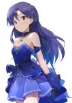  1girl absurdres bangs blue_choker blue_dress blue_gloves blue_hair breasts brown_eyes choker cleavage closed_mouth collarbone cowboy_shot dress earrings gloves hair_ornament highres holding holding_microphone idolmaster idolmaster_(classic) idolmaster_million_live! idolmaster_million_live!_theater_days jewelry kisaragi_chihaya long_hair microphone shuucream_(syuichi) small_breasts solo strapless strapless_dress white_background 