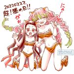  2girls akizuki108 animal_ears animal_print bandeau bikini black_hair breasts closed_eyes commentary_request dated fangs green_hair kamado_nezuko kanroji_mitsuri kemonomimi_mode kimetsu_no_yaiba kneeling medium_breasts multicolored_hair multiple_girls navel open_mouth paw_pose pink_eyes pink_hair small_breasts smile strapless strapless_bikini swimsuit tiger_ears tiger_print translation_request two-tone_hair watermark 