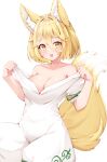  1girl animal_ear_fluff animal_ears bangs bare_shoulders blonde_hair blush breasts cleavage collarbone fox_ears fox_tail green_ribbon hair_between_eyes kudamaki_tsukasa large_breasts open_mouth ribbon romper rururiaru short_hair short_sleeves simple_background solo tail touhou white_background white_romper yellow_eyes 