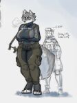  anthro armor big_breasts breasts canid canine canis clothing dialogue duo female headgear helmet hi_res human male male/female mammal military military_uniform s_miles_art simple_background size_difference thick_thighs uniform weapon wolf 