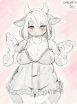  1girl :3 animal_ears artist_name babydoll bangs bare_shoulders blush bob_cut body_fur bottle breasts breasts_apart breath collarbone commentary_request cow_ears cow_girl cow_horns cowboy_shot dated english_commentary frilled_babydoll furry furry_female greyscale_with_colored_background groin hair_between_eyes half-closed_eyes hands_up happy heart heart-shaped_pupils highres holding holding_bottle horns kame_(3t) large_breasts looking_at_viewer milk milk_bottle mixed-language_commentary monochrome navel nipples nose_blush open_mouth original outline pink_background plump pussy see-through short_hair sidelocks signature sketch smile solo spaghetti_strap standing stomach straight-on sweat symbol-shaped_pupils thick_thighs thighs two-tone_fur uncensored white_outline wide_hips 
