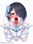  1girl black_hair blue_eyes blush boots breasts breath earrings enogu hair_over_one_eye heavy_breathing iwamotochou_geinousha jewelry looking_at_viewer open_mouth oral_invitation saliva short_hair sitting solo suzuki_anzu teeth thighhighs tongue tongue_out uvula virtual_youtuber wariza white_thighhighs yoshiwa_tomo 