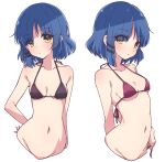  1girl bikini bikini_top_only black_bikini blue_hair blush bocchi_the_rock! breasts closed_mouth eyes_visible_through_hair groin highres looking_at_viewer mel_(melty_pot) mole mole_under_eye multiple_views navel red_bikini short_hair simple_background small_breasts solo swimsuit white_background yamada_ryou 