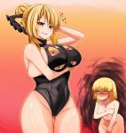  2girls absurdres alternate_costume arm_under_breasts bangs black_bow black_leotard blonde_hair blush bow breast_grab breasts brown_eyes commentary_request completely_nude covered_navel covering covering_breasts covering_crotch cowboy_shot extra_eyes grabbing gradient_background grin hair_bow hair_bun highres huge_breasts kurodani_yamame large_breasts leotard looking_at_another looking_at_viewer medium_hair mizuhashi_parsee multiple_girls nose_blush nude orange_background pointy_ears rinyamame shaded_face short_hair smile touhou 