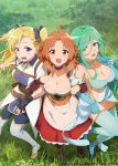  3girls absurdres artist_request bare_shoulders belt blonde_hair blue_eyes boots breasts choker cleavage grass green_hair highres jewelry kaiko_sareta_ankoku_heishi_(30-dai)_no_slow_na_second_life marika_(ankoku_heishi) multiple_girls necklace official_art on_grass open_mouth orange_eyes orange_hair purple_eyes radey red_choker smile thigh_boots thighhighs twintails zebiantes 