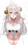  1girl :o @_@ ahoge animal_ears bare_shoulders black_choker blush breasts choker cleavage coin collarbone commentary_request ear_piercing fang full_body grey_eyes grey_hair hair_between_eyes hands_on_own_thighs highres holed_coin hololive jewelry large_breasts lion_ears lion_girl long_hair necklace nerorigogo off_shoulder open_mouth pendulum piercing seiza shirt shishiro_botan sidelocks sitting solo t-shirt tile_floor tiles virtual_youtuber white_shirt 